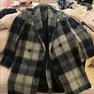 Theory Black and Gray Plaid Pea Coat